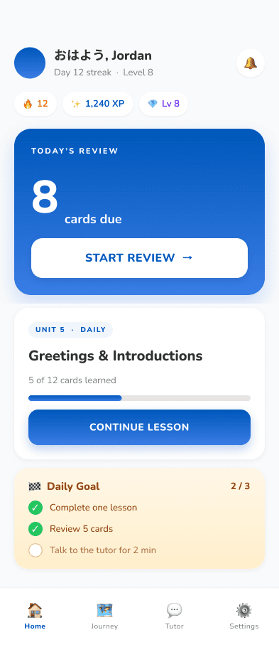 Checkpoint Home screen — Today's review, daily checks, current lesson